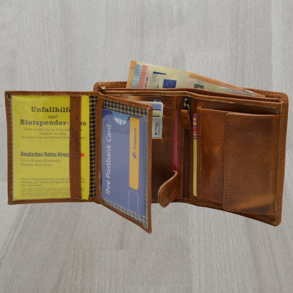 flevado Herrengeldbörse mit Druck Label Love,Loyalty, Friendship und RFID Schutz Echtes Leder Braun